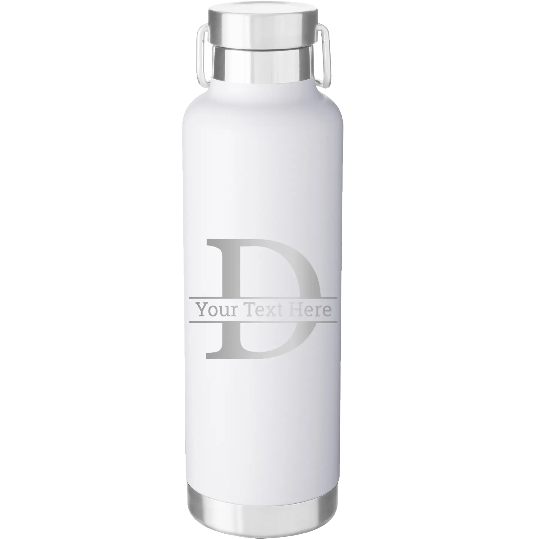 Personalized white 24 oz vacuum insulated water bottle with 'Monogram letter D' design