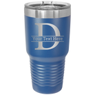 Personalized royal blue 30 oz vacuum insulated tumbler with 'Monogram letter D' design