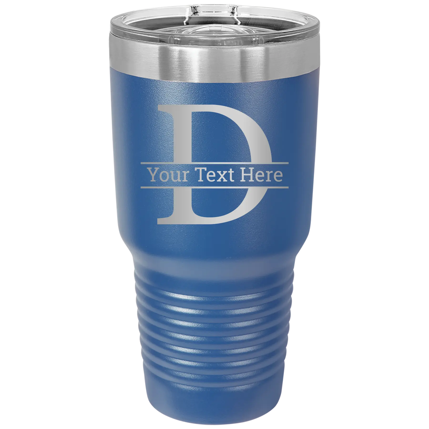 Personalized royal blue 30 oz vacuum insulated tumbler with 'Monogram letter D' design