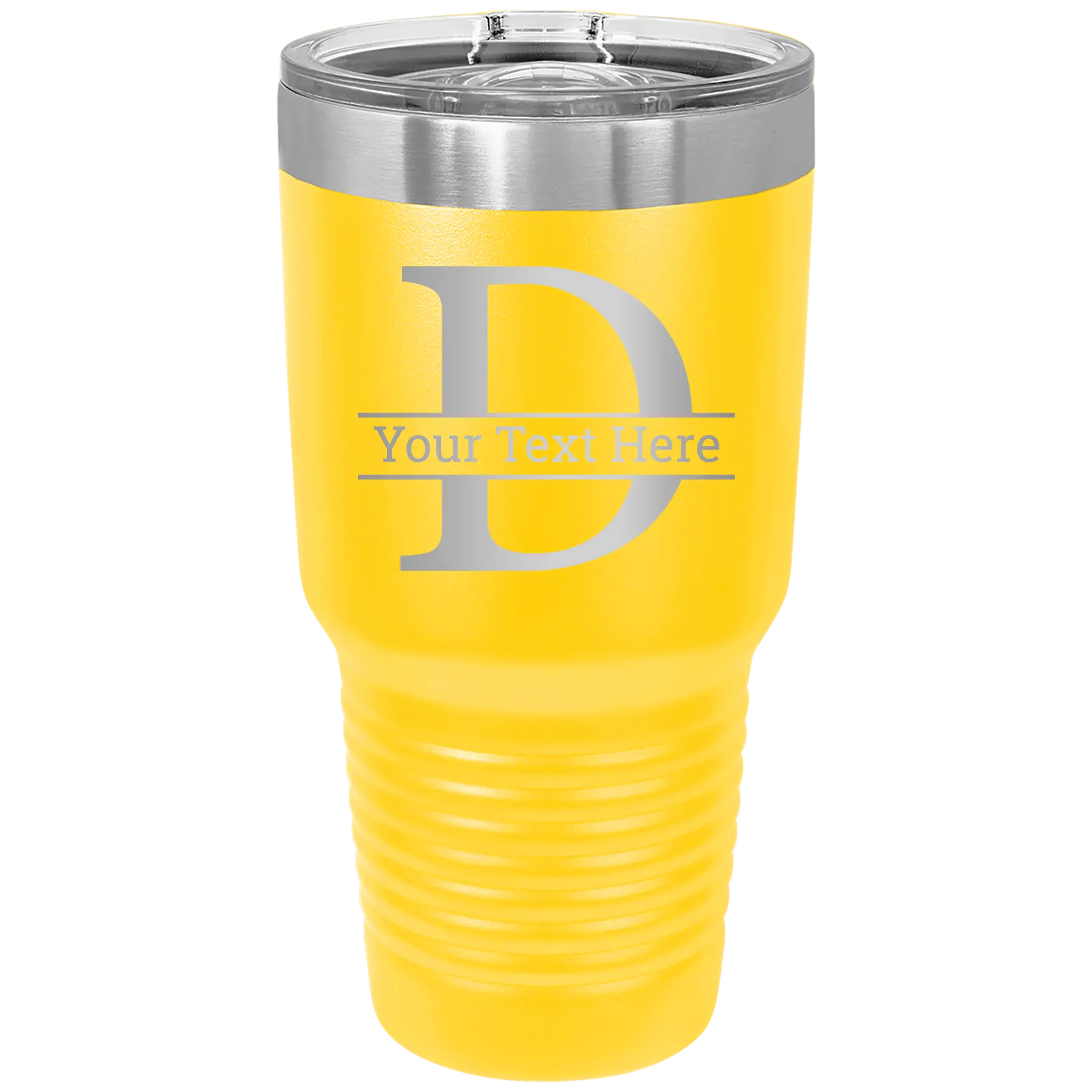 Personalized yellow 30 oz vacuum insulated tumbler with 'Monogram letter D' design