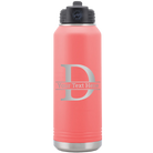 Personalized coral 32 oz vacuum insulated water bottle with 'Monogram letter D' design