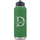 Personalized green 32 oz vacuum insulated water bottle with 'Monogram letter D' design