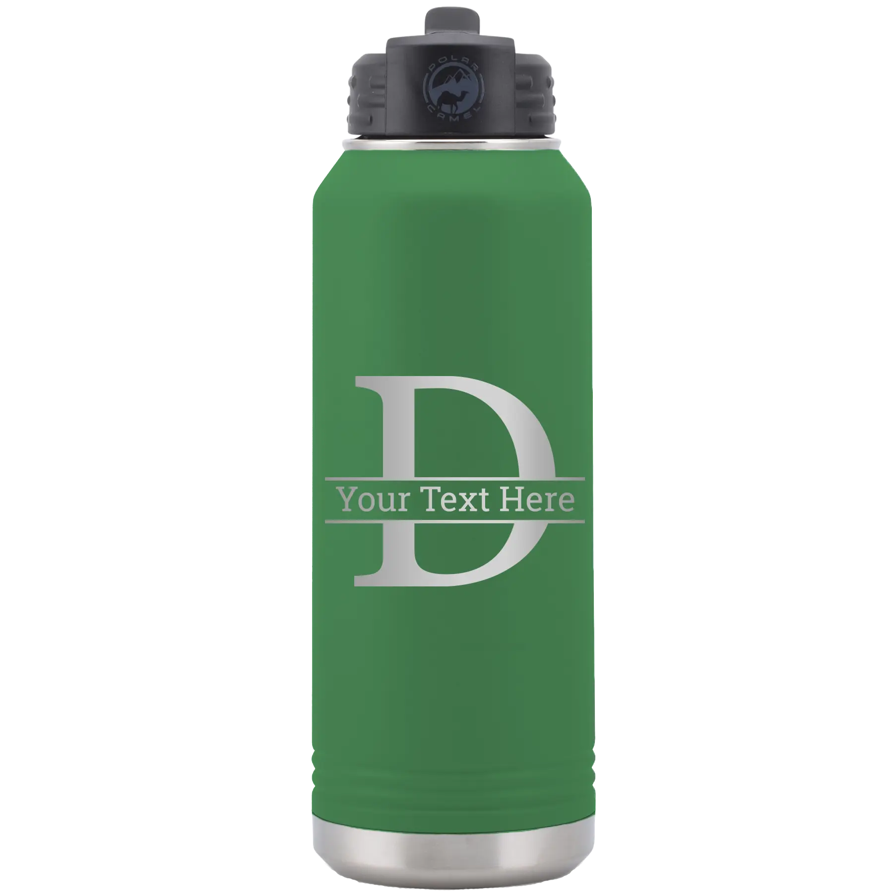 Personalized green 32 oz vacuum insulated water bottle with 'Monogram letter D' design