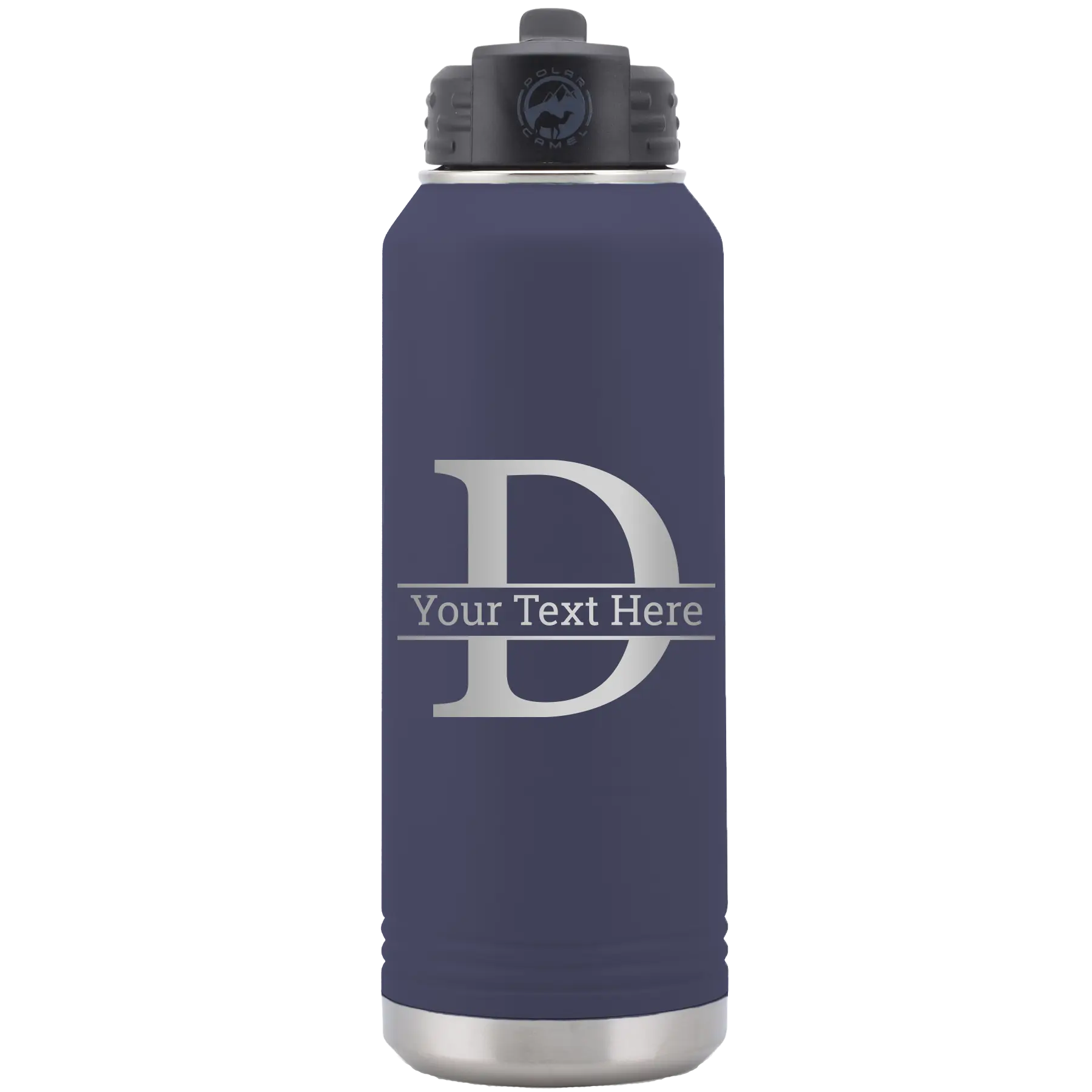 Personalized navy 32 oz vacuum insulated water bottle with 'Monogram letter D' design