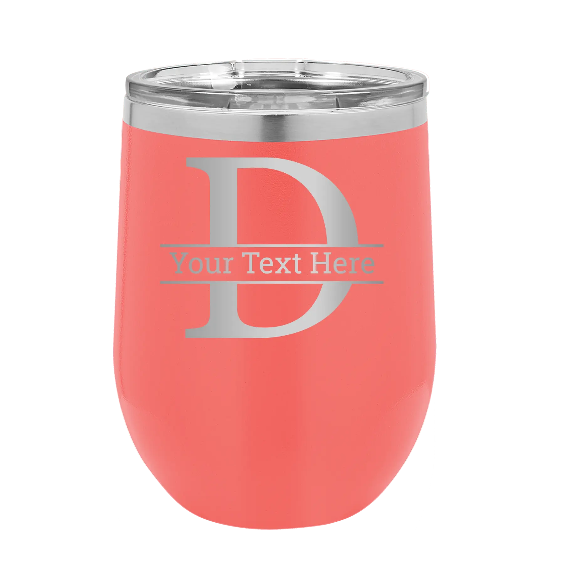 Personalized coral 12 oz vacuum insulated wine cup with 'Monogram letter D' design