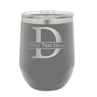 Personalized dark gray 12 oz vacuum insulated wine cup with 'Monogram letter D' design