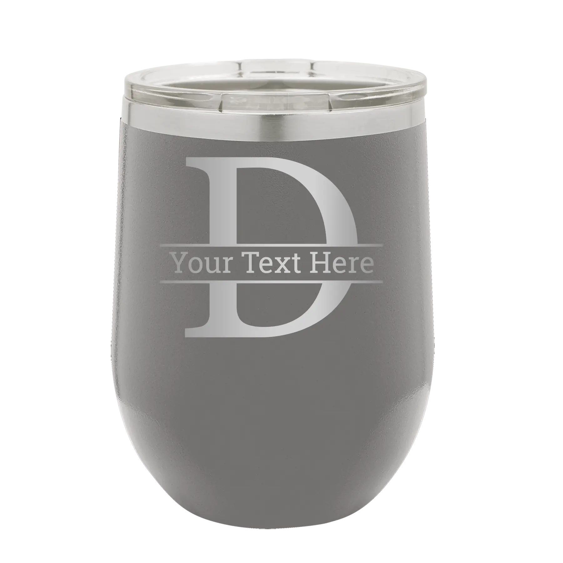 Personalized dark gray 12 oz vacuum insulated wine cup with 'Monogram letter D' design