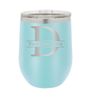 Personalized light blue 12 oz vacuum insulated wine cup with 'Monogram letter D' design