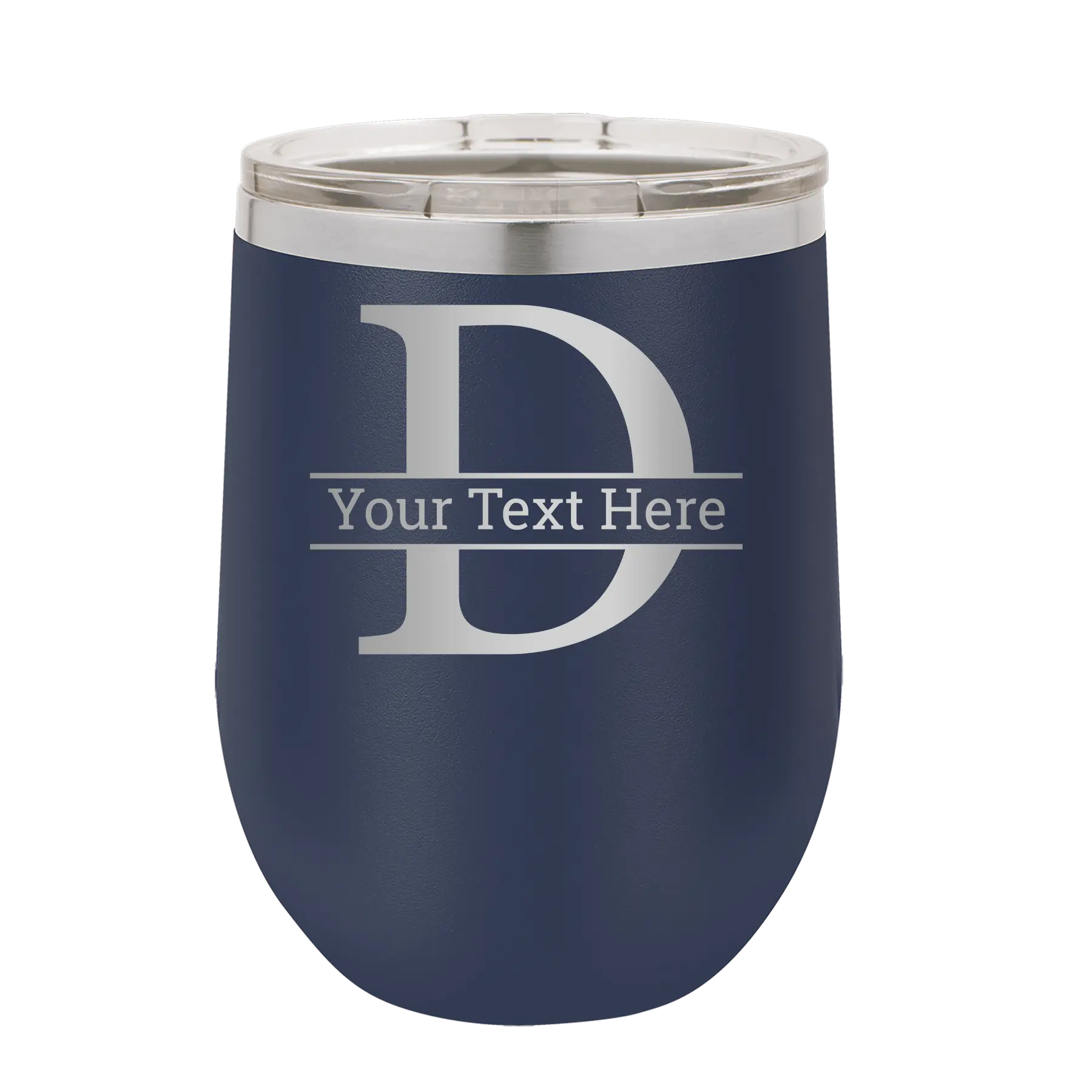 Personalized navy 12 oz vacuum insulated wine cup with 'Monogram letter D' design