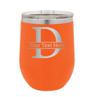 Personalized orange 12 oz vacuum insulated wine cup with 'Monogram letter D' design