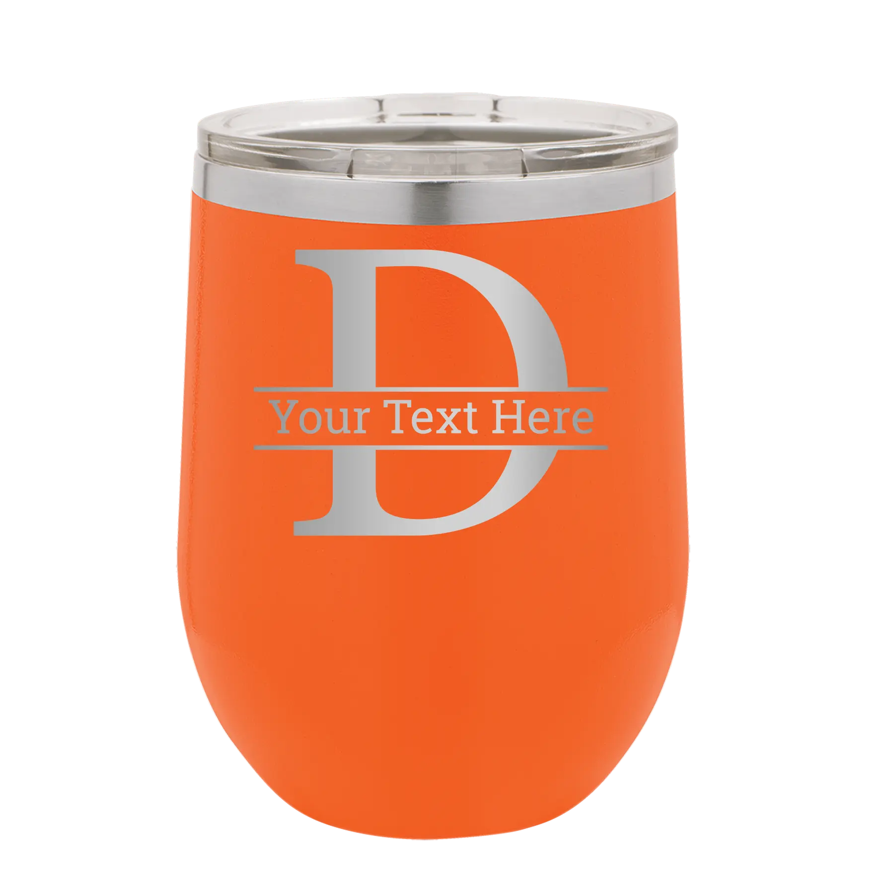 Personalized orange 12 oz vacuum insulated wine cup with 'Monogram letter D' design