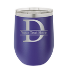 Personalized purple 12 oz vacuum insulated wine cup with 'Monogram letter D' design