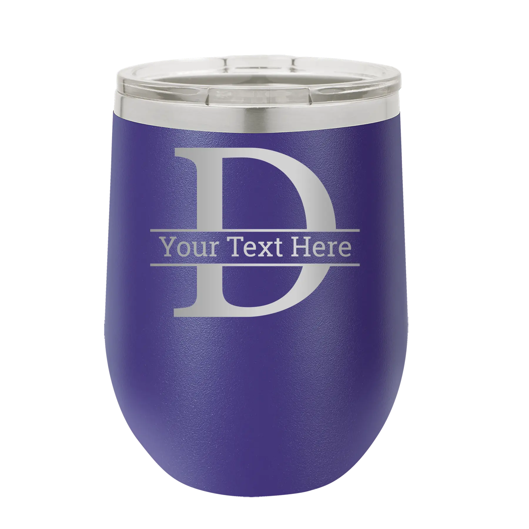 Personalized purple 12 oz vacuum insulated wine cup with 'Monogram letter D' design