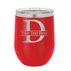 Personalized red 12 oz vacuum insulated wine cup with 'Monogram letter D' design