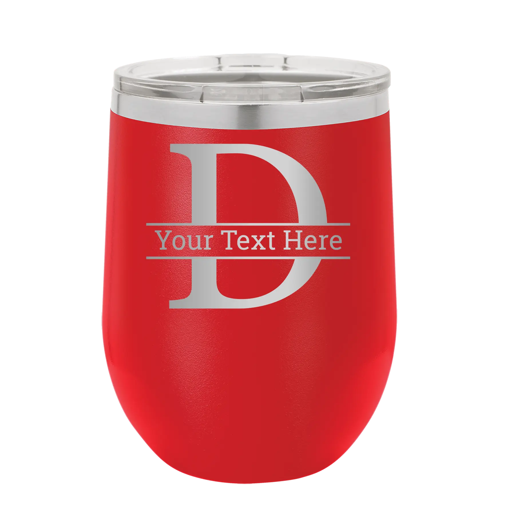 Personalized red 12 oz vacuum insulated wine cup with 'Monogram letter D' design