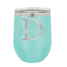 Personalized teal 12 oz vacuum insulated wine cup with 'Monogram letter D' design
