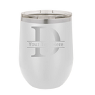 Personalized white 12 oz vacuum insulated wine cup with 'Monogram letter D' design
