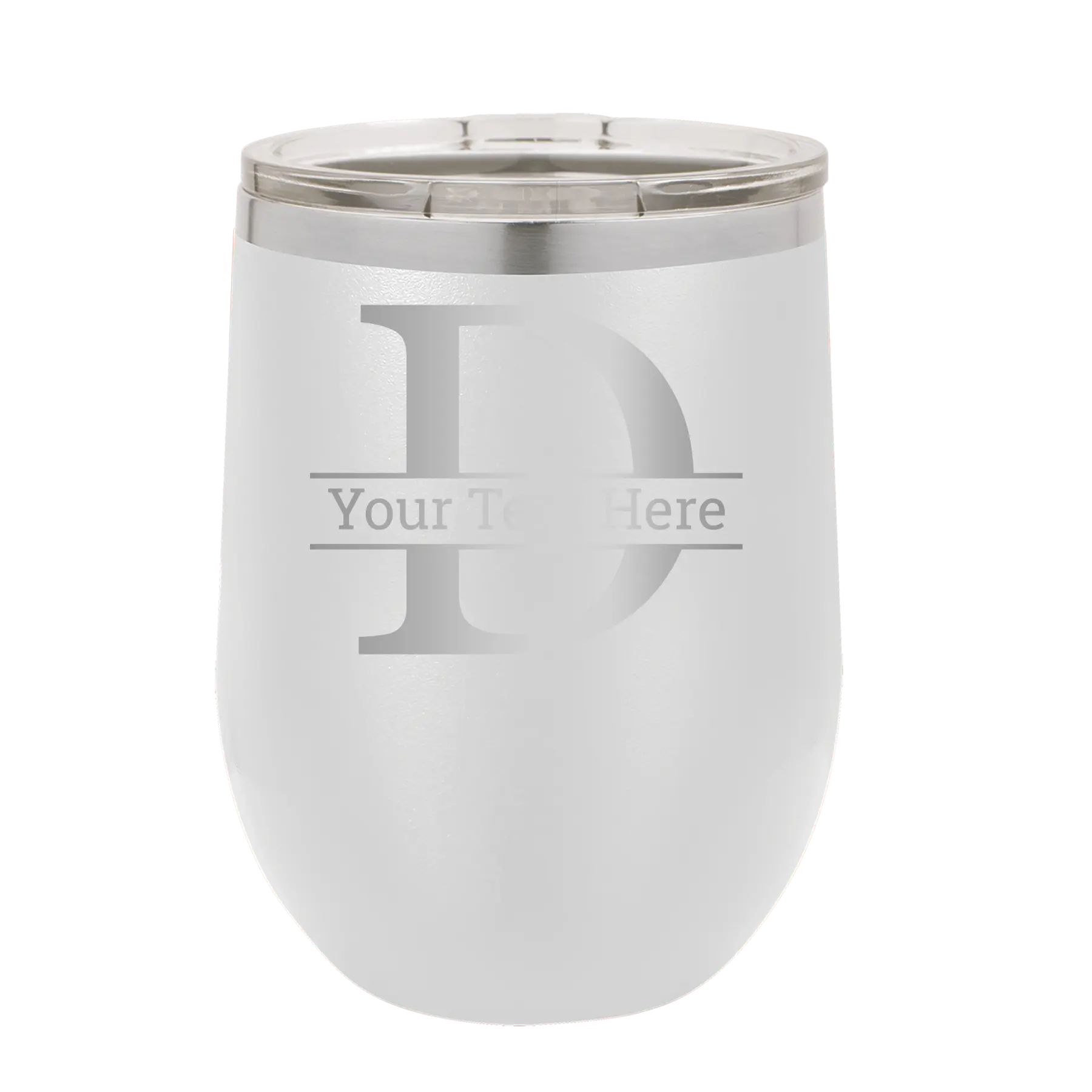 Personalized white 12 oz vacuum insulated wine cup with 'Monogram letter D' design