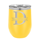 Personalized yellow 12 oz vacuum insulated wine cup with 'Monogram letter D' design