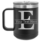 Personalized black 15 oz vacuum insulated coffee mug with 'Monogram letter E' design