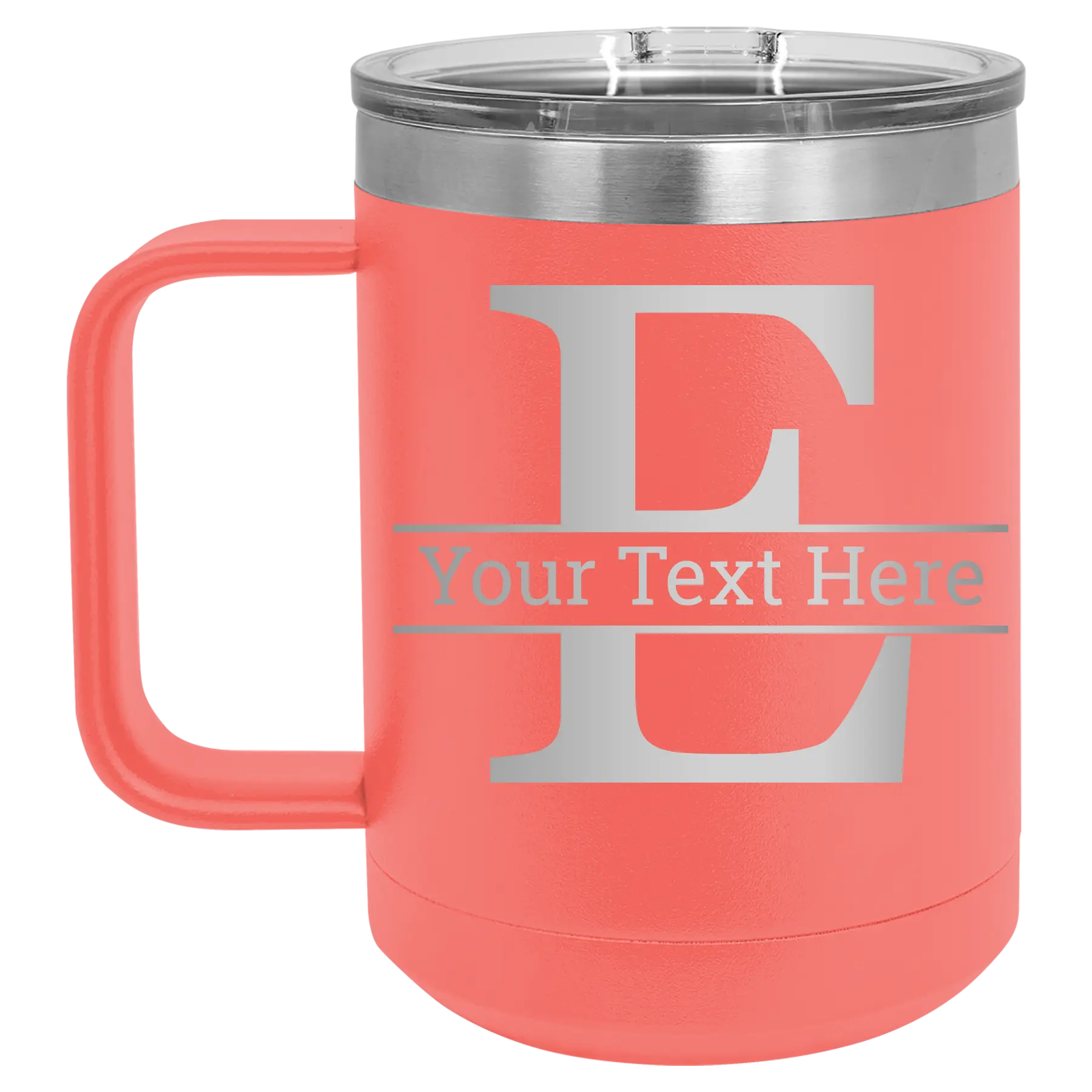 Personalized coral 15 oz vacuum insulated coffee mug with 'Monogram letter E' design