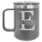 Personalized dark gray 15 oz vacuum insulated coffee mug with 'Monogram letter E' design