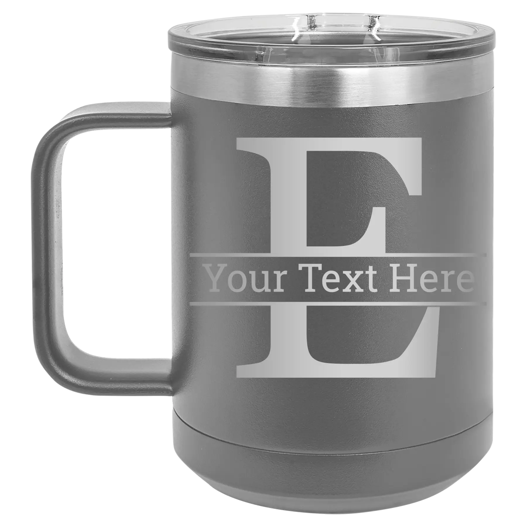 Personalized dark gray 15 oz vacuum insulated coffee mug with 'Monogram letter E' design