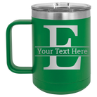 Personalized green 15 oz vacuum insulated coffee mug with 'Monogram letter E' design
