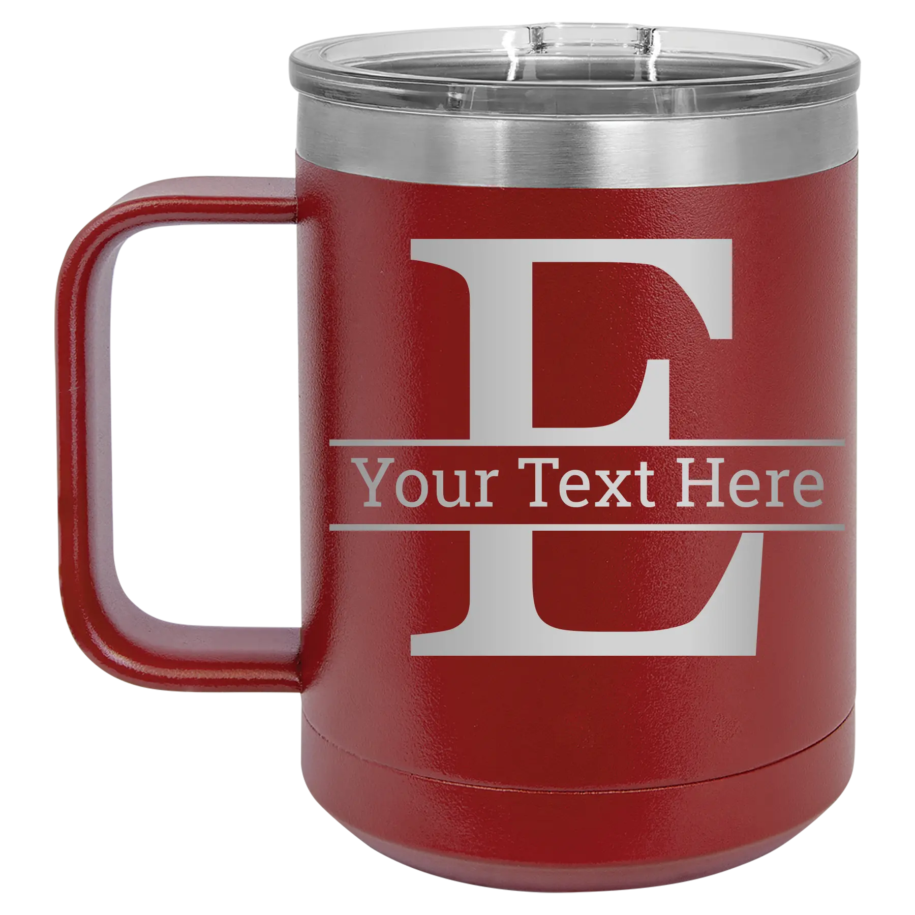 Personalized maroon 15 oz vacuum insulated coffee mug with 'Monogram letter E' design