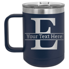 Personalized navy 15 oz vacuum insulated coffee mug with 'Monogram letter E' design