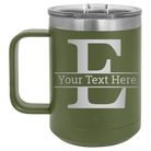 Personalized olive green 15 oz vacuum insulated coffee mug with 'Monogram letter E' design