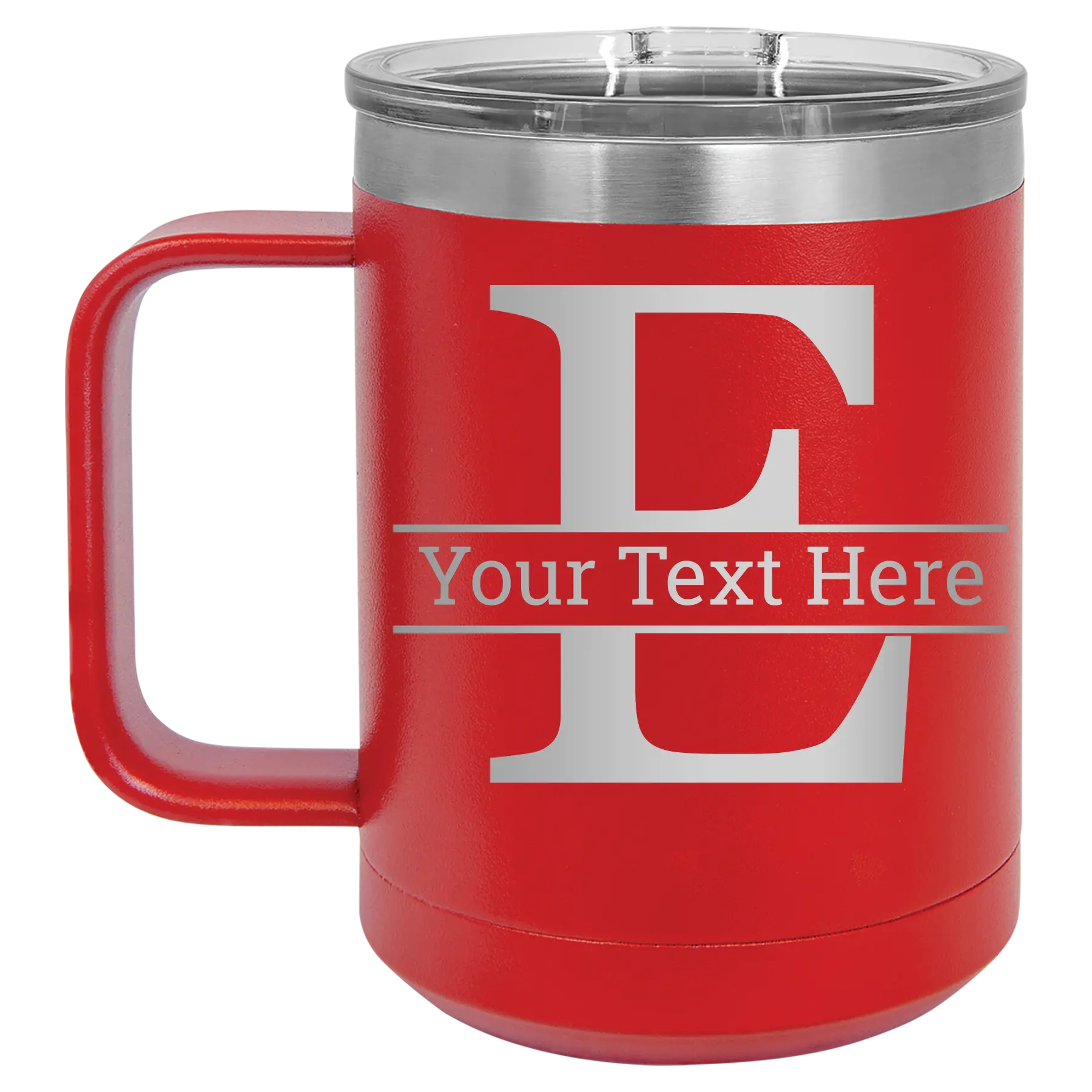 Personalized red 15 oz vacuum insulated coffee mug with 'Monogram letter E' design