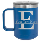 Personalized royal blue 15 oz vacuum insulated coffee mug with 'Monogram letter E' design