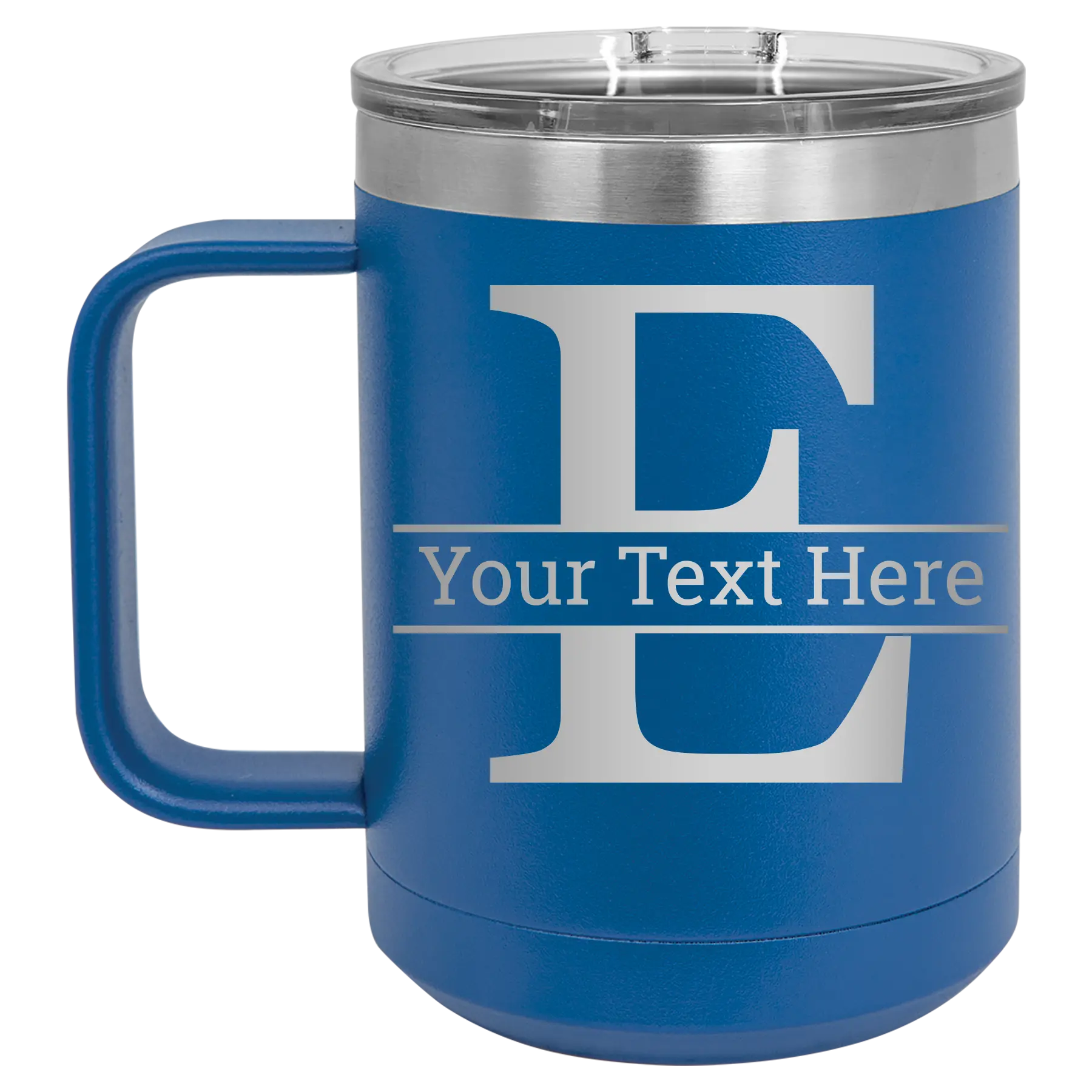 Personalized royal blue 15 oz vacuum insulated coffee mug with 'Monogram letter E' design