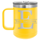 Personalized yellow 15 oz vacuum insulated coffee mug with 'Monogram letter E' design