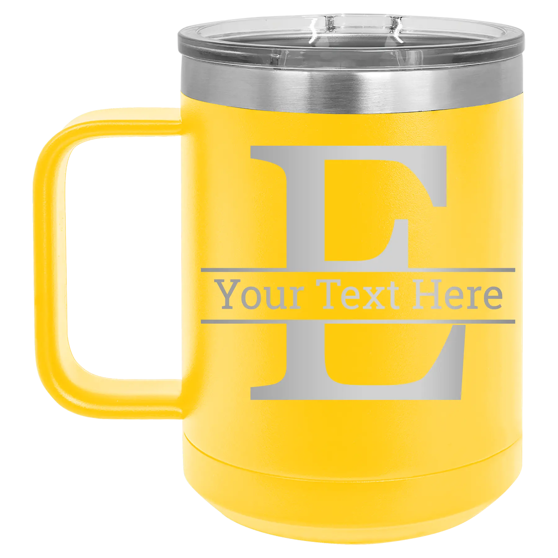 Personalized yellow 15 oz vacuum insulated coffee mug with 'Monogram letter E' design
