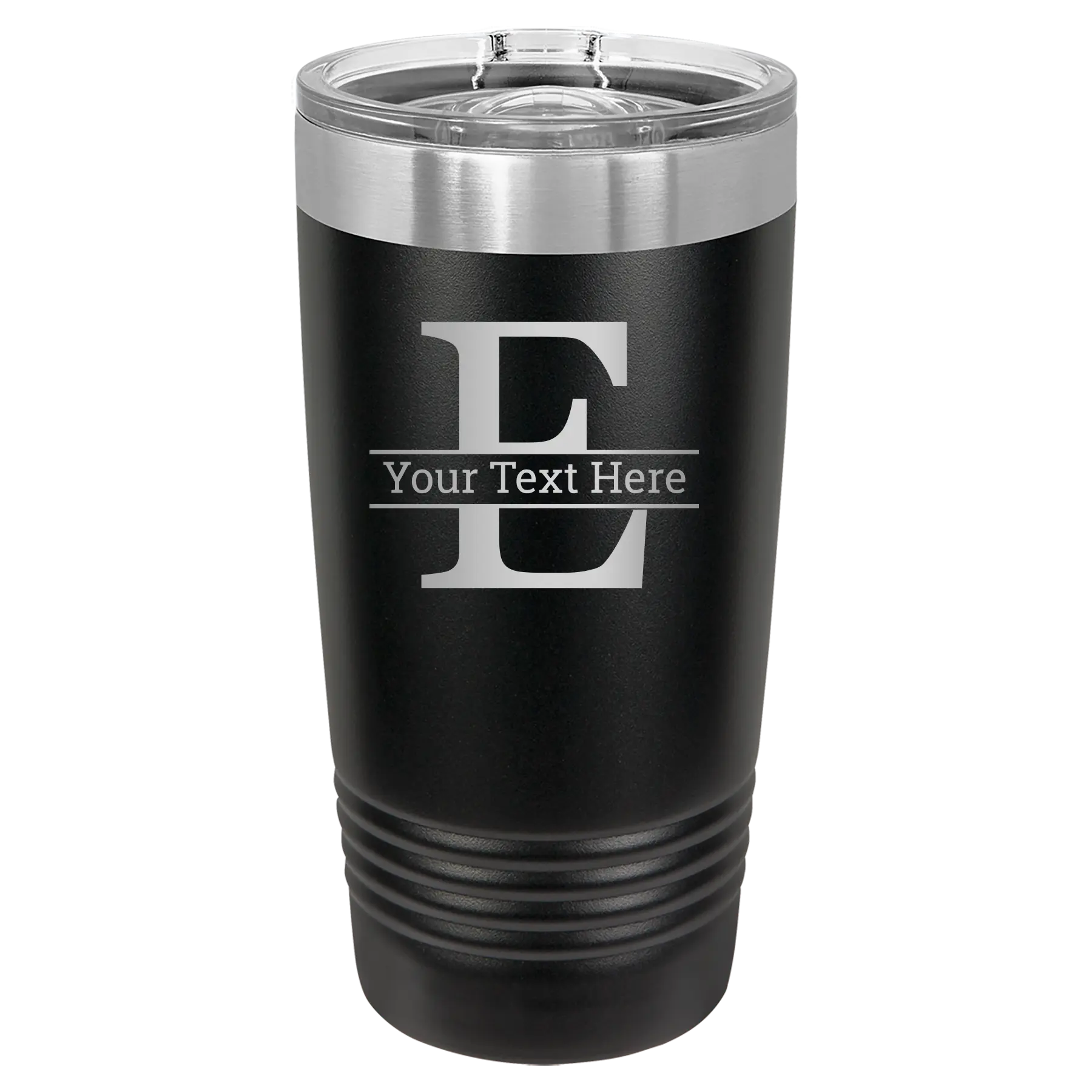 Personalized black 20 oz vacuum insulated tumbler with 'Monogram letter E' design