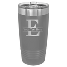 Personalized dark gray 20 oz vacuum insulated tumbler with 'Monogram letter E' design