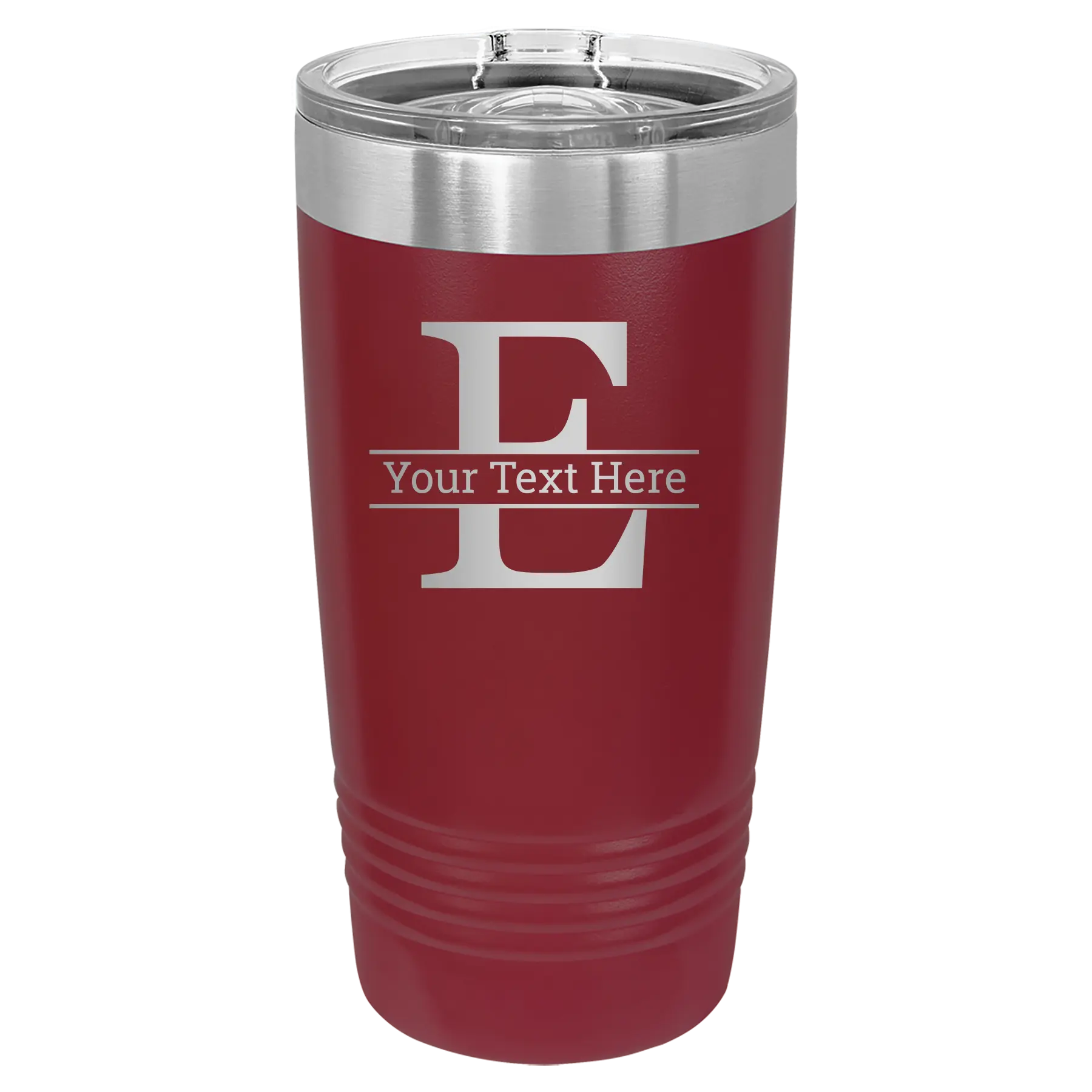 Personalized maroon 20 oz vacuum insulated tumbler with 'Monogram letter E' design