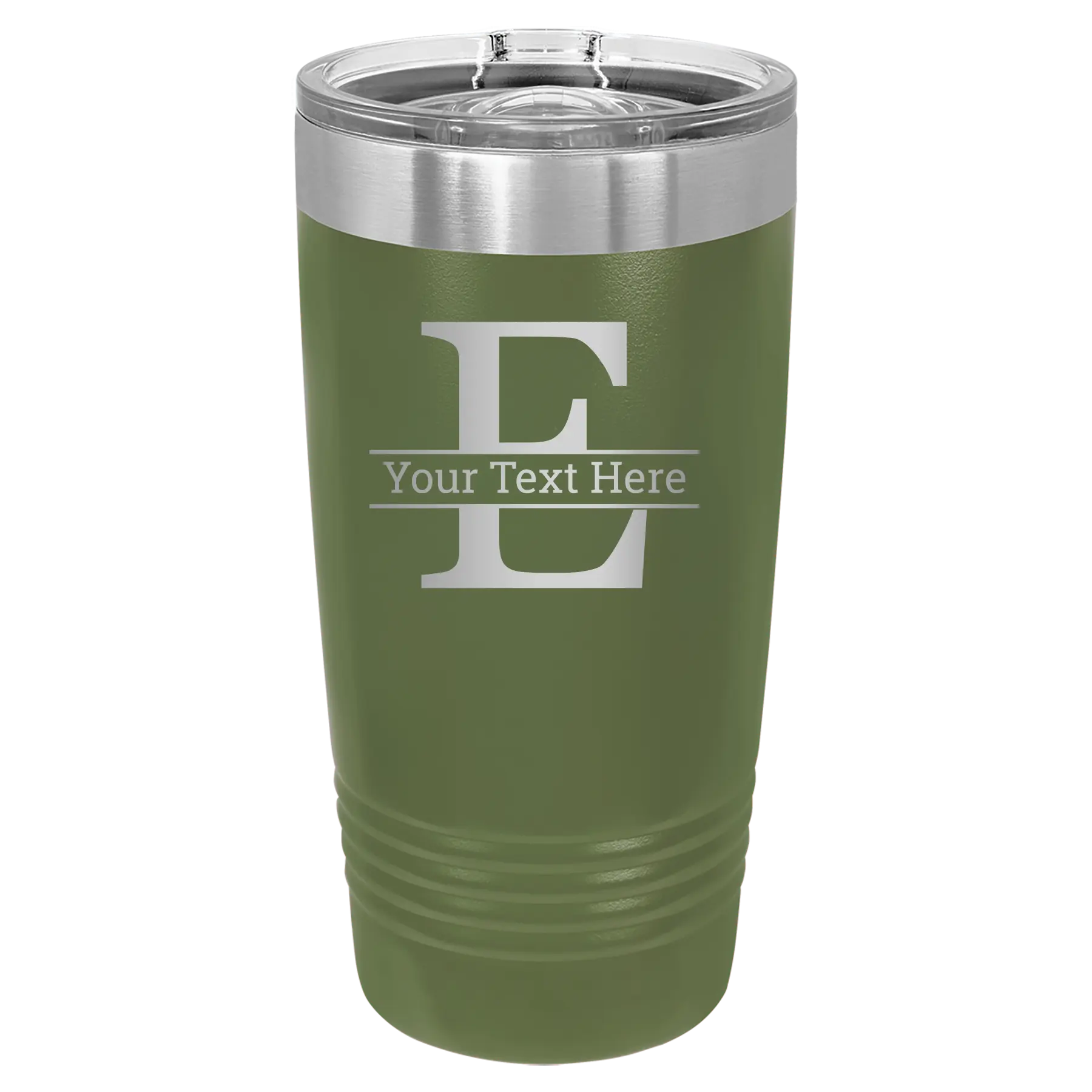 Personalized olive green 20 oz vacuum insulated tumbler with 'Monogram letter E' design