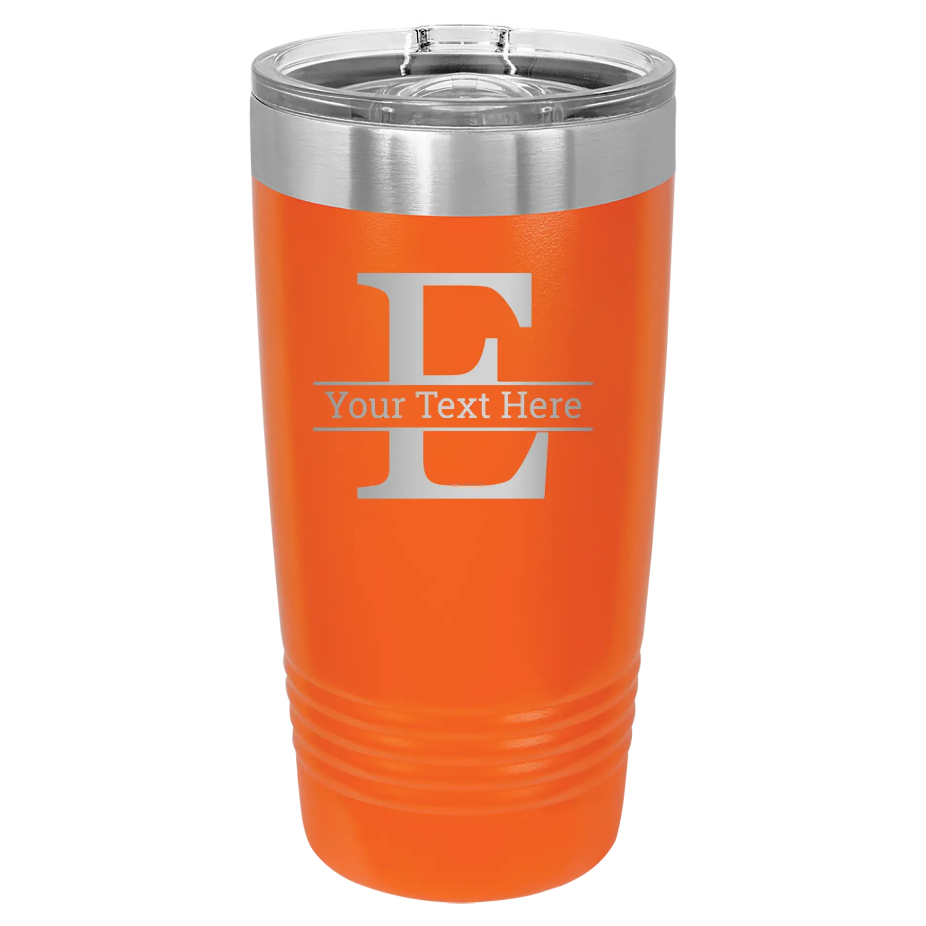 Personalized orange 20 oz vacuum insulated tumbler with 'Monogram letter E' design