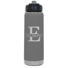 Personalized dark gray 20 oz vacuum insulated water bottle with 'Monogram letter E' design