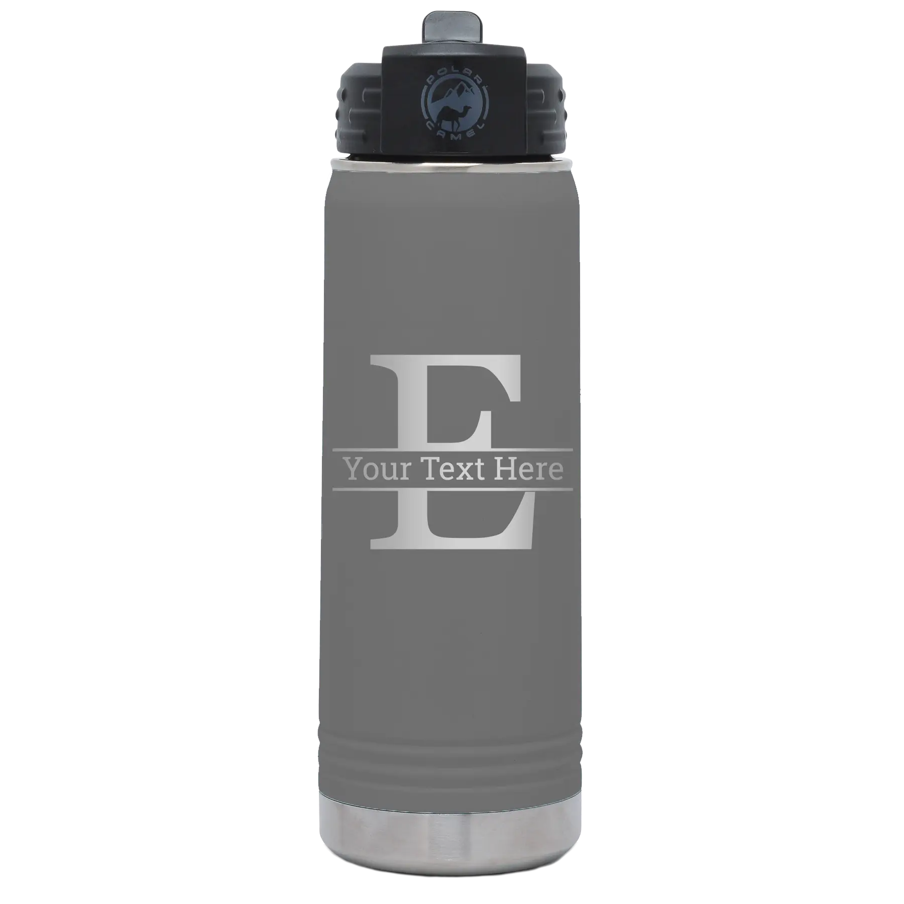 Personalized dark gray 20 oz vacuum insulated water bottle with 'Monogram letter E' design