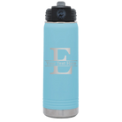 Personalized light blue 20 oz vacuum insulated water bottle with 'Monogram letter E' design