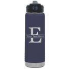 Personalized navy 20 oz vacuum insulated water bottle with 'Monogram letter E' design