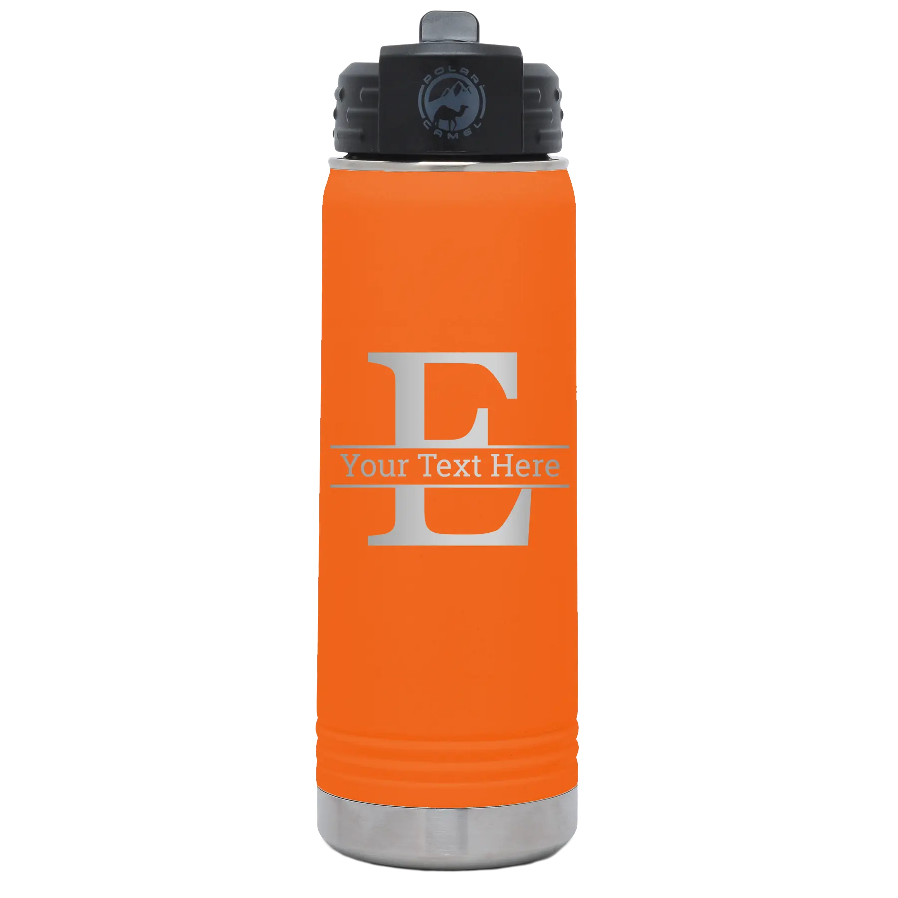 Personalized orange 20 oz vacuum insulated water bottle with 'Monogram letter E' design