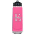 Personalized pink 20 oz vacuum insulated water bottle with 'Monogram letter E' design