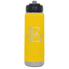 Personalized yellow 20 oz vacuum insulated water bottle with 'Monogram letter E' design