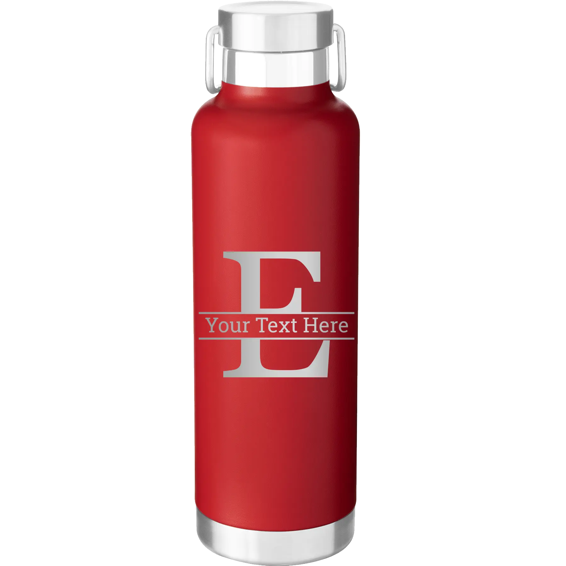 Personalized red 24 oz vacuum insulated water bottle with 'Monogram letter E' design
