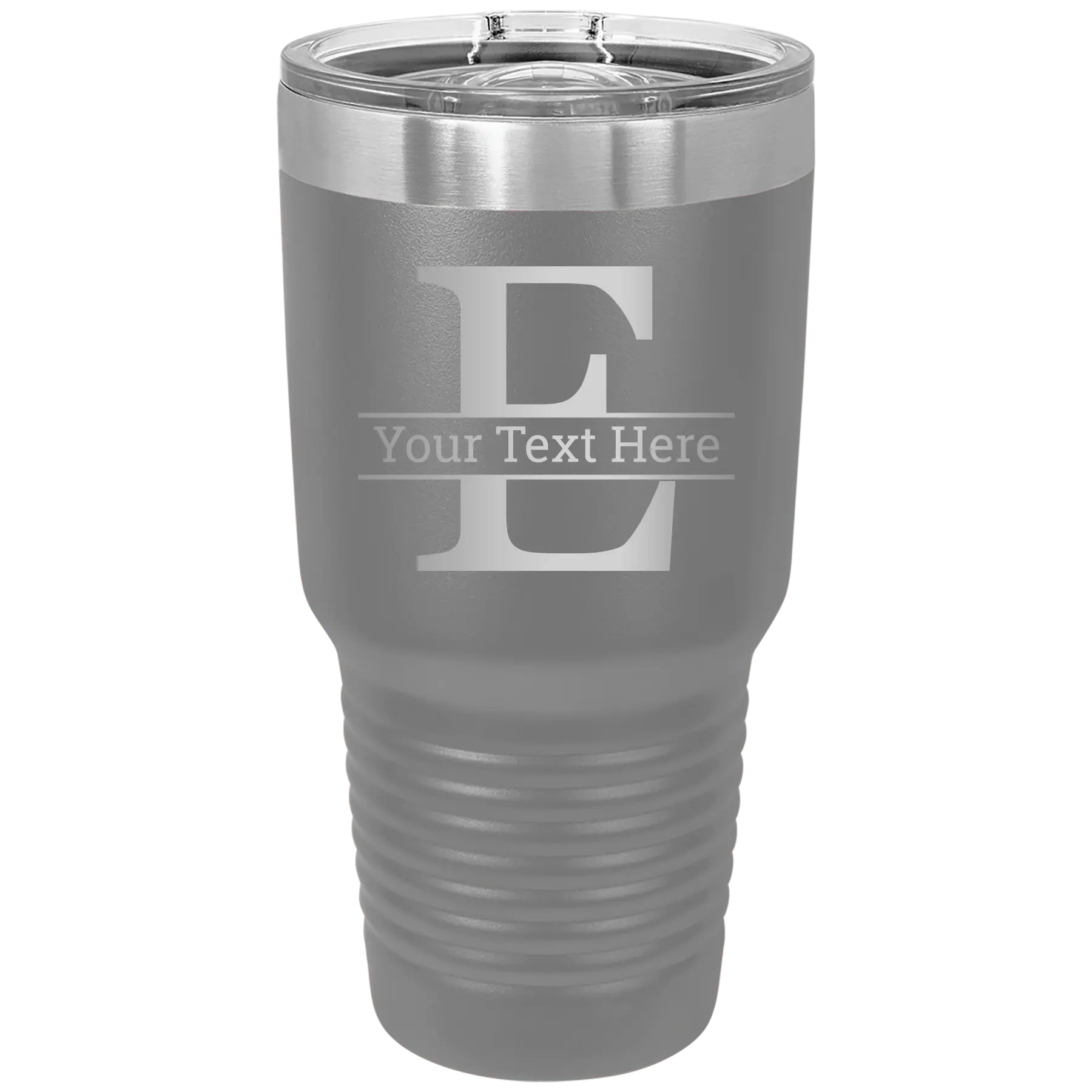 Personalized dark gray 30 oz vacuum insulated tumbler with 'Monogram letter E' design